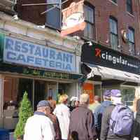 Digital copy of color photo of food tour members outside La Isla Restaurant, 104 Washington St., Hoboken, Oct. 18, 2003.