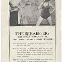 Handbill: The Schaeffers. The Super-human Twins, Fabian Theatre, Sept. 18, 19, 20, (1930.)