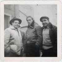 Image: black-and-white photo of Marlon Brando & 3 men on set of "On the Waterfront," Hoboken, n.d., ca. 1952-1953.