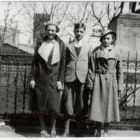 B+W copy photo of image of John Garille and two unidentified women standing near fence in Elysian Park, Hoboken, no date, ca. 1934.