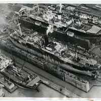 B+W aerial photo of British ships being outfitted with armor at Bethlehem Steel shipyard, Hoboken, Apr. 25, 1940.