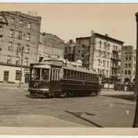 Photo of Public Service streetcar 2368 at Hudson Place & Hudson St., Hoboken, Apr. 8, 1934