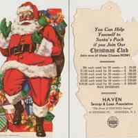 Ornament, 3: Die-cut bank Christmas Club promotional cards intended as tree ornaments, Hoboken et al, n.d., ca. 1950-1965.