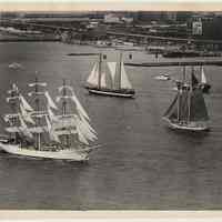 B+W photo of Op Sail tall sailing ships as seen from Stevens Institute of Technology, Hoboken, July 4, 1976