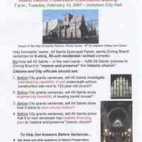 Handbill from Hoboken Heritage: Help Get Answers about Development at Historic Holy Innocents Site. February, 2007.