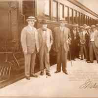 Digital image of Thomas A. Edison et al with first D.L.&W. multiple-unit electric passenger train leaving Hoboken for Montclair, N.J., Sept. 3, 1930.