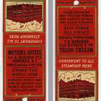 Matchbook: Meyers Hotel, 3rd & Hudson Sts., Hoboken, N.J. N.d., ca. 1929-1937.