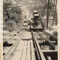 B+W photo of wagon elevator & trolley trestle at SW corner of Hoboken, Sept. 1922.