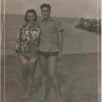 B+W photo of John J. and Eileen McNulty Grogan of Hoboken on a beach, no place, no date, ca. 1940