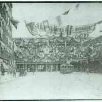 B&W image of street decorations celebrating opening of Hudson & Manhattan R.R., n.d., ca. Feb.-March, 1908.