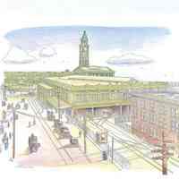 Color print of drawing of the Lackwanna Terminal and the Streetcar Terminal, Hudson Place, by Richard La Rovere, 2001.