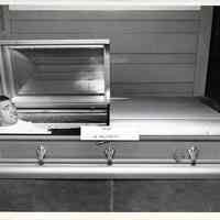 B+W photo of coffin life test for water leakage at United States Testing Co., 1415 Park Ave., Hoboken. N.d., ca. 1970-1985.