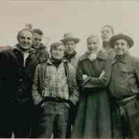 B+W group photo of "On the Waterfront" filming in Hoboken: Eva Marie Saint is third from right, Hoboken, no date, ca. late 1953-early 1954.