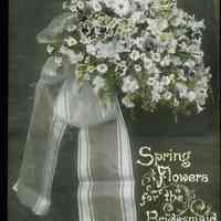 Lantern slide, color, of a bridal bouquet, captioned "Spring Flowers for the Bridesmaid," used for promotional display in Hoboken, no date, ca. 1920.