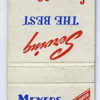 Matchbook: Meyers Hotel, Third & Hudson Sts., Hoboken, N.J. N.d., ca. 1943-1950.