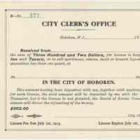 Liquor license form, blank, for inns & taverns, etc., City of Hoboken, 1913.