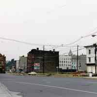 Color photo of Observer Highway & Newark St. at Jefferson St., Hoboken, July 1985.