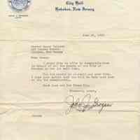 TLS from Mayor John J. Grogan to Master Sammy Valente, Hoboken congradulating him on winning a marble championship, June 1956.