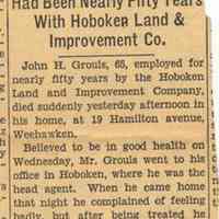 Newspaper clipping from album obituary of John H. Grouls from an unidentified newspaper, no date, ca. 1935.