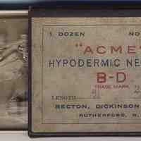 Box with one dozen regular, 3/4" length, 27 guage hypodermic needles from Stemple Pharmacy, 266 Seventh St., Hoboken, no date, ca. 1950-1970.