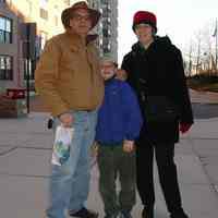 Color photo of George Lukacs (left), Kaz Lukacs-Maziarczyk and Claire Lukacs after visit to Hoboken Historical Museum, Hoboken, N.J., Dec. 27, 2003.