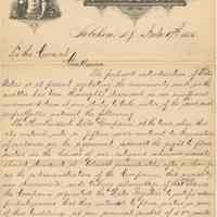 Letter from Mayor Henry L. Timken, Hoboken, to City Council, Nov. 17, 1885, re water meters & service; Hackensack Water Co.; N.Y. & N.Y. Telephone Co. pole installation.