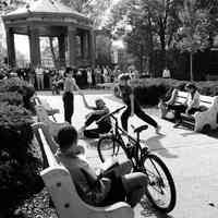 B+W photo of girl dancer rehearsing offstage at Humanities Festival Week activities, Church Square Park, Hoboken, October, 1999.