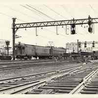 B+W photo of Erie Lackawanna R.R. passenger train traveling westbound from Hoboken, Apr. 25, 1967.