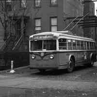 B&W photo negative of P.S.C.T. electric streetcar 9258 at Washington St. between Observer Hwy. & Newark St., Hoboken, 1947.