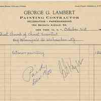 Bill to First Church of Christ, Scientist, 829 Bloomfield St., Weehawken [actually Hoboken}, from Geo. Lambert for exterior painting, 1950