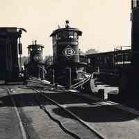 B+W photo of docked Erie Railroad tugboats Binghamton, Hornell plus Marion Moran, Hoboken, no date, circa early 1970