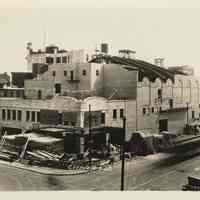 Sepia-tone photo of brickwork progress on Newark, Washington Sts. frontages for the Fabian Theatre, Newark & Washington Sts., Hoboken, April 9,1928.
