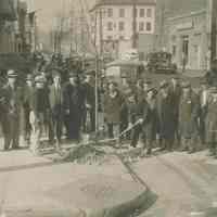 Color copy photo of a B& W photo of tree planting ceremony at an unidentified street corner, Hoboken, no date, ca. 1935-40.