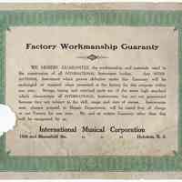 Certificate: Factory Workmanship Guaranty from the International Musical Corporation, Hoboken, N.J. for their instrument (ukelin), 1929.