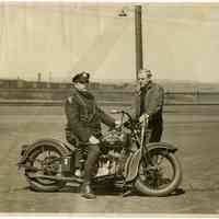 B+W photo of Hudson County Police Officer Arthur Hildemann on motorcycle in Hudson County, n.d., ca. 1935-1945.