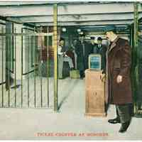          Digital image of Hudson & Manhattan R.R. postcard titled: Ticket chopper at Hoboken. No date, ca. 1908. picture number 1
   