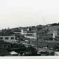 B+W photo of view looking southwest of factory buildings on Monroe & Jefferson Sts., Hoboken, n.d., ca. 1965-1969.