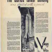 Ads, magazine, 3, for Venus Pencils in campaign "...was started with a pencil." American Lead Pencil Co., Hoboken, N.J. 1934