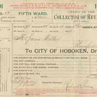 Nine City of Hoboken property tax bills from 1901-1919 to James Miller and the Estate of James Miller for 718 Bloomfield St., Hoboken.
