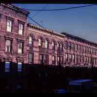Color slide of eye-level view of brownstones on Bloomfield between 10th & 11th looking SE