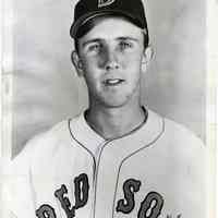 B+W photo of baseball player Dick Brodkowski posed in Boston Red Sox baseball uniform, n.p., 1952.