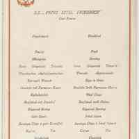 Menu: S.S. Prinz Eitel Friedrich, Hamburg-American Line, 1908. Breafast; Lunch, Sept. 6, 1908.