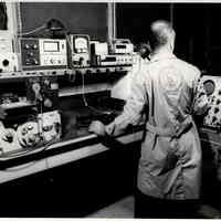 B+W photo of electronics test in screen room at United States Testing Co., Hoboken. N.d., ca. 1970s or 1980s.