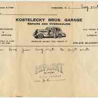 Billhead: Kostelecky Bros. Garage, Repairs and Overhauling, 216-218 Bloomfield St., (Hoboken), August 21, 1940.