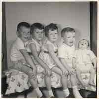 B+W studio photo of Cunning children, l-r: Eddie, Bernadette, Helen, John, & Danny, Hoboken?, 1962.