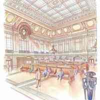 Color print of drawing: Interior, Erie Lackwanna Station, Hoboken, N.J. By Richard La Rovere, 2001.