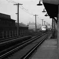 B+W photo negative (mounted) of P.S.C.T. elevated streetcar lines at Washington St. station on Observer Highway (or Ferry St.), Hoboken, n.d., ca. 1939-1949.