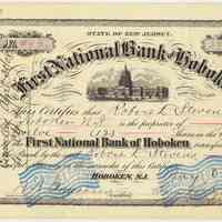 Stock certificate: First National Bank of Hoboken; issued to Robert L. Stevens, 12 shares, dated May 6, 1891.