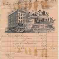 Bill from Frank Cordts Furniture Co., Carpets, Oil Cloths Bedding Etc.. 200 Washington St., Hoboken, to Thomas Laud, 927 Park Ave., August 17, 1896.