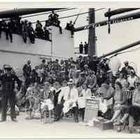 Sepia-tone photo of deck games at sea aboard S.S. Leviathan, United States Lines, n.d. ca. early 1930s.